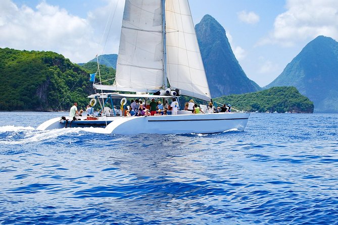 A catamaran under sail off the Pitons, west coast of St Lucia